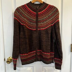 Vintage Y2K Fair Isle Zip Sweater Tiara International Brown Nordic Large